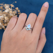 Pear cut Moonstone Halo  Engagement ring Bridal Set 