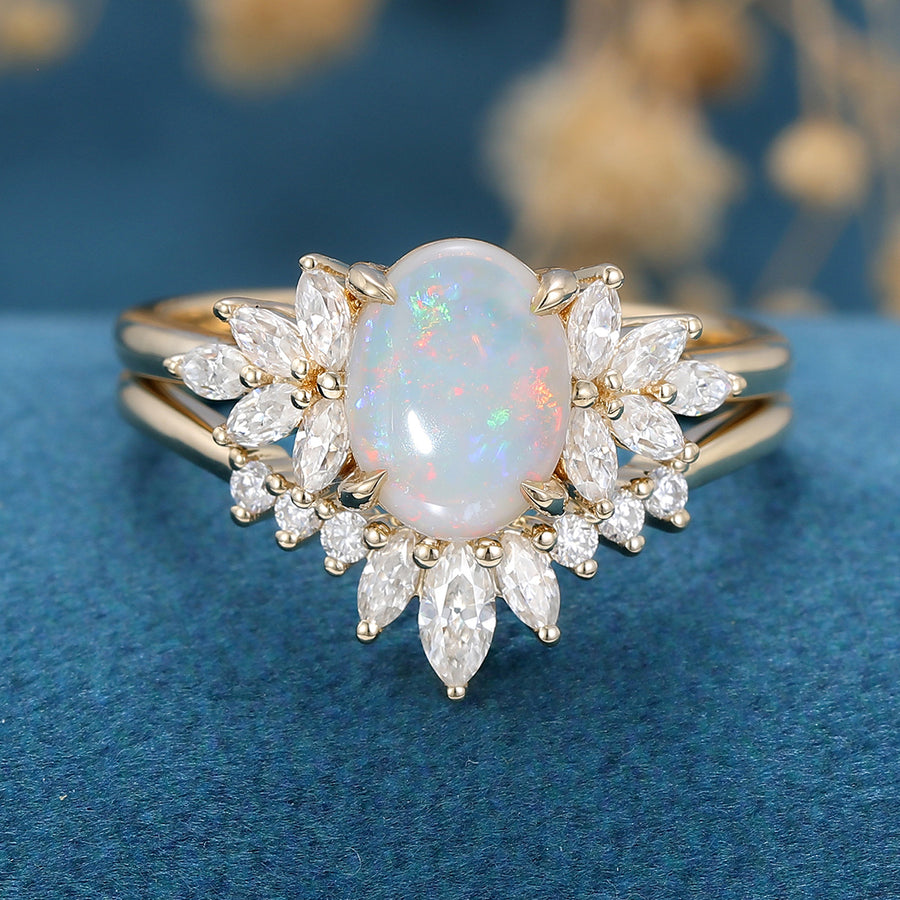 Oval cut Opal Cluster Engagement Bridal Set 