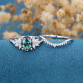 2PCS Oval Alexandrite cluster Engagement ring Bridal Set 