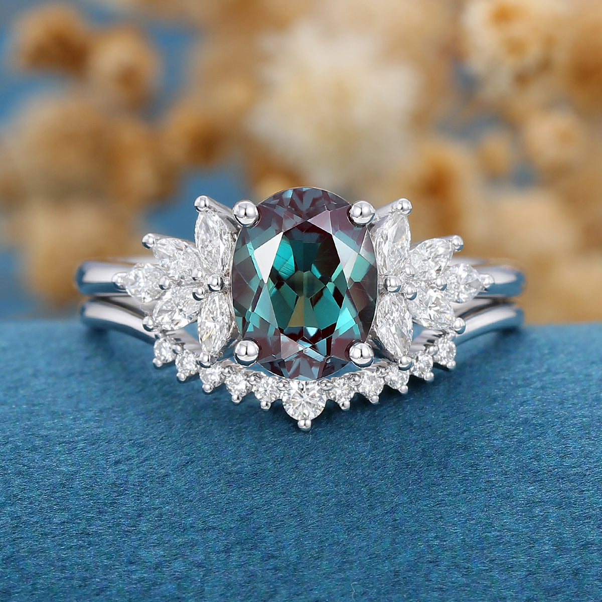 2PCS Oval Alexandrite cluster Engagement ring Bridal Set 