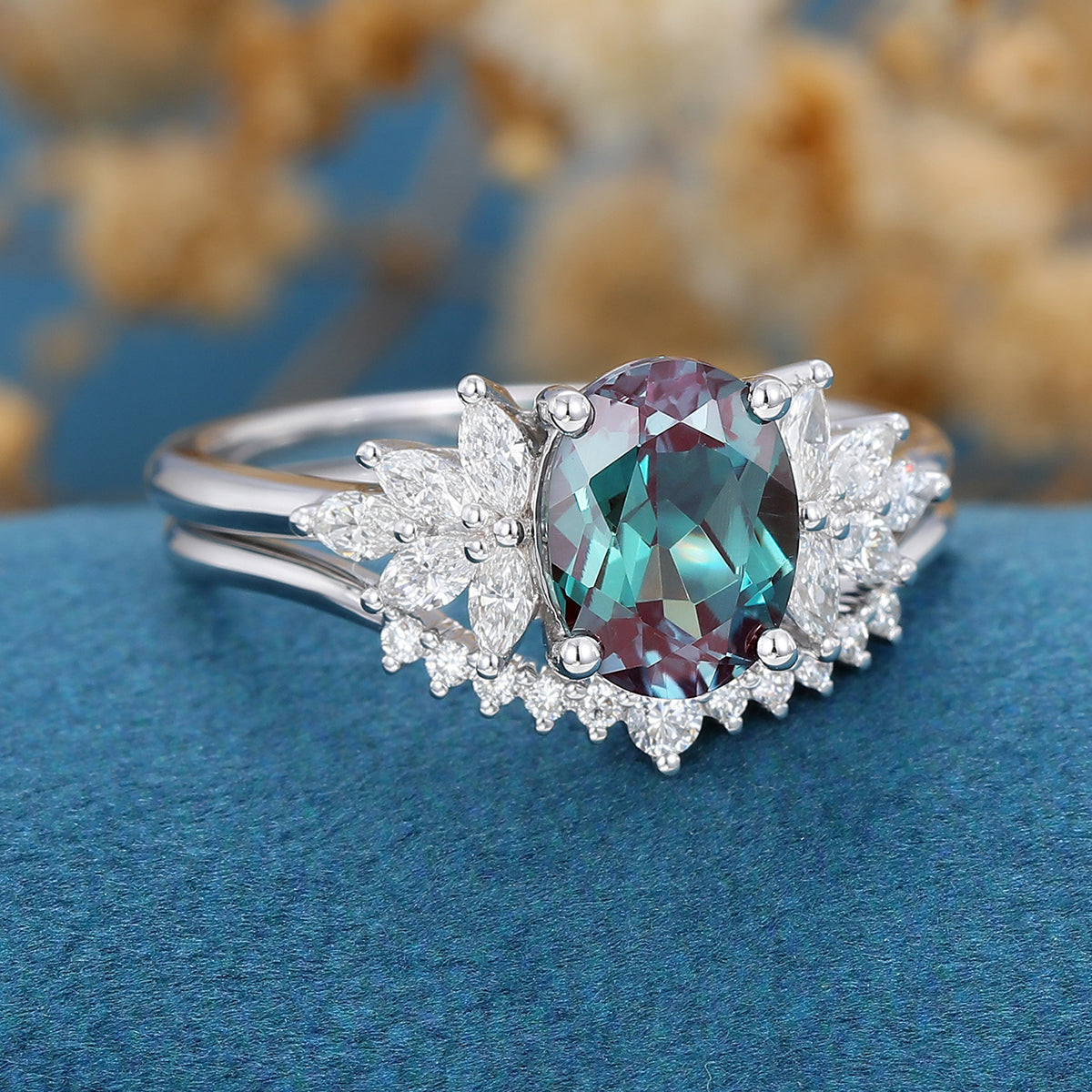 2PCS Oval Alexandrite cluster Engagement ring Bridal Set 
