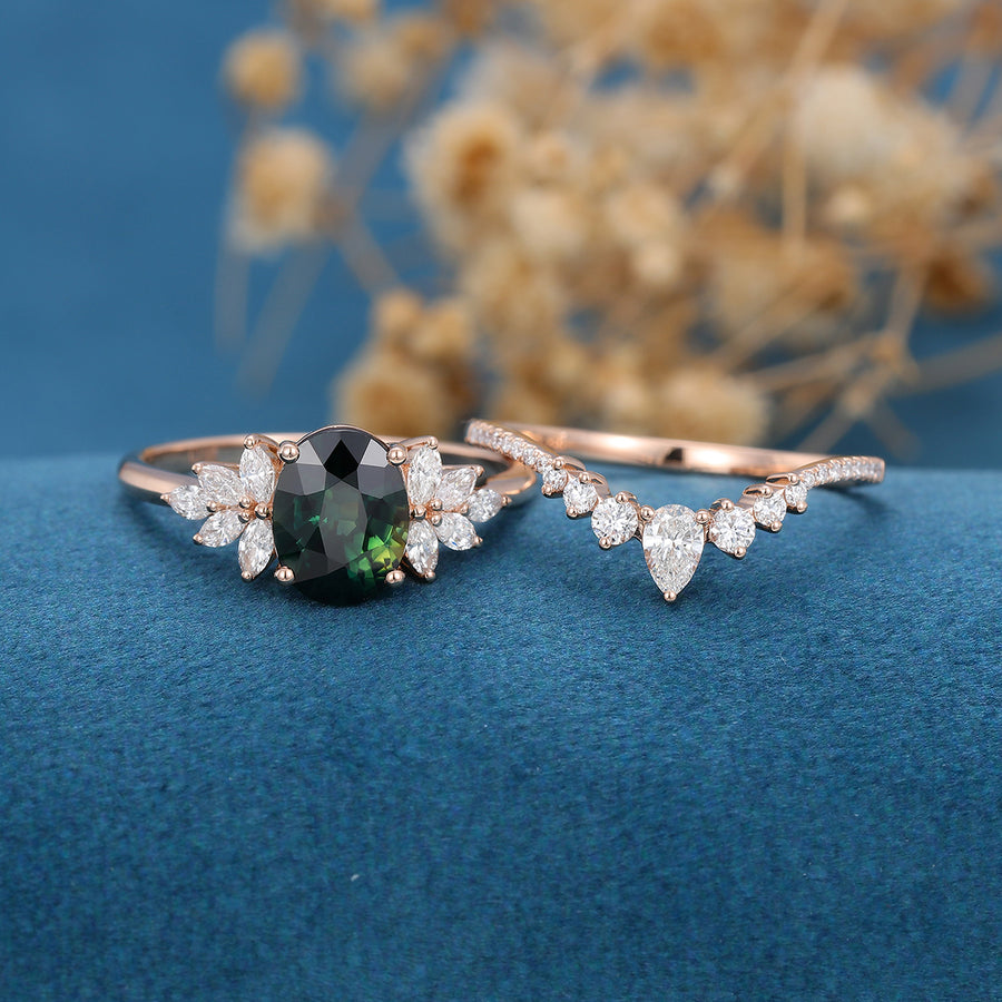 2PCS Oval Blue green sapphire Engagement ring Bridal Set 