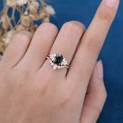 2PCS Oval Blue green sapphire Engagement ring Bridal Set 