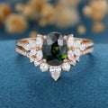2PCS Oval Blue green sapphire Engagement ring Bridal Set 