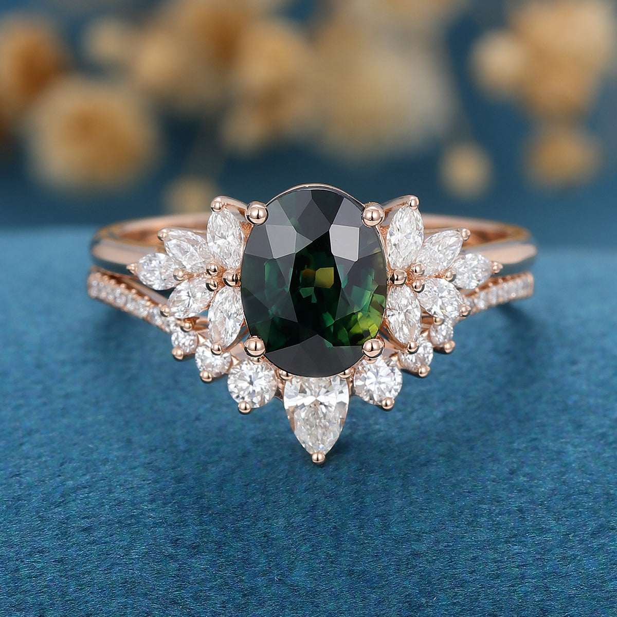 2PCS Oval Blue green sapphire Engagement ring Bridal Set 