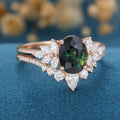 2PCS Oval Blue green sapphire Engagement ring Bridal Set 