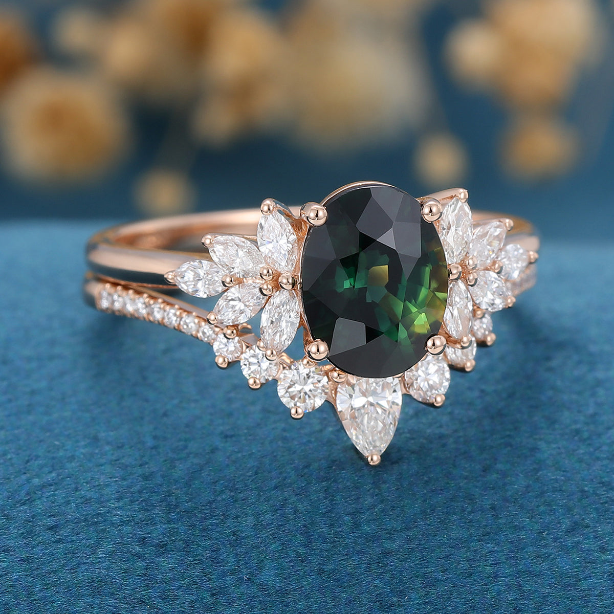 2PCS Oval Blue green sapphire Engagement ring Bridal Set 