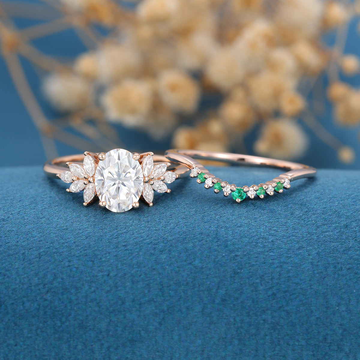 2PCS Oval cut Moissanite Cluster Engagement ring Bridal Set 