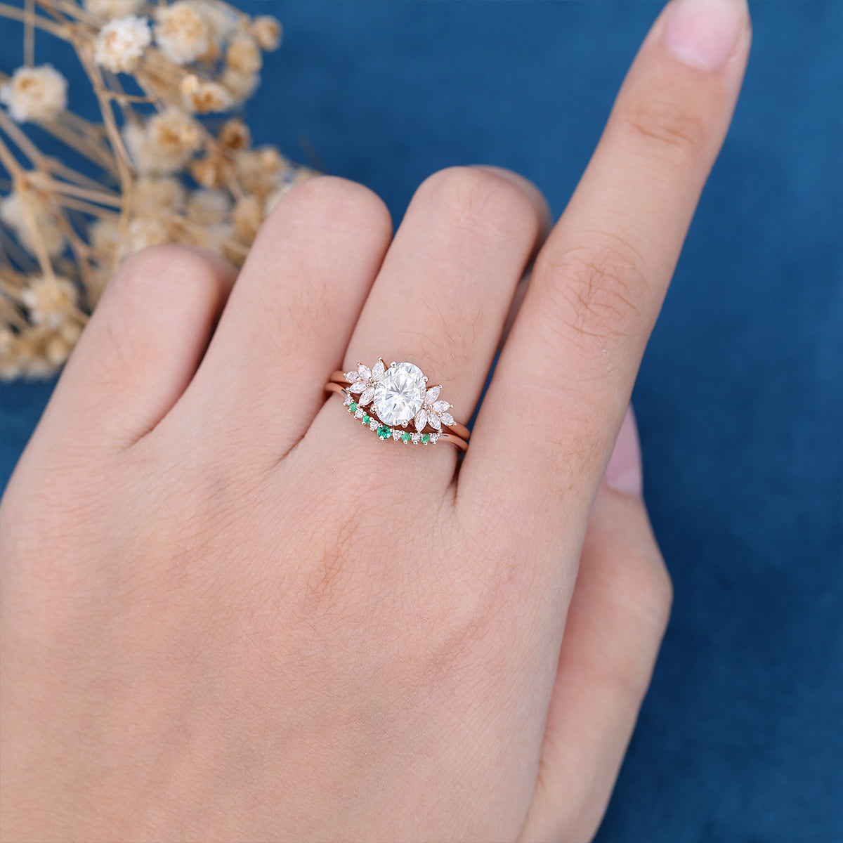 2PCS Oval cut Moissanite Cluster Engagement ring Bridal Set 