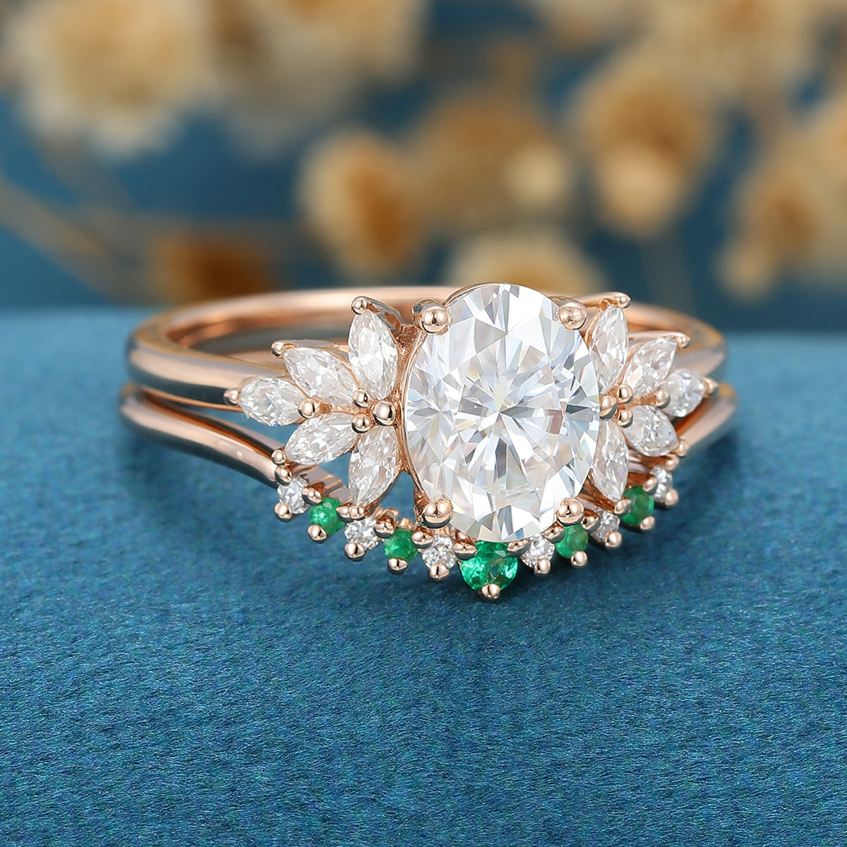 2PCS Oval cut Moissanite Cluster Engagement ring Bridal Set 