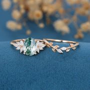 Natural Green Moss Agate 2PCS Oval Cluster Engagement Ring Bridal Sets 