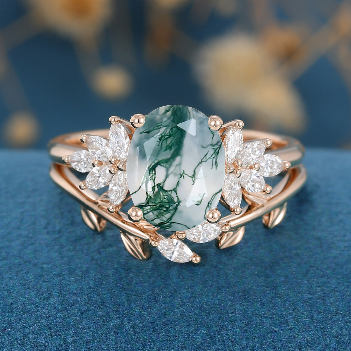 Moss Ring Color Natural Green Moss Agate 2PCS Oval Cluster Engagement Ring Bridal Sets ...