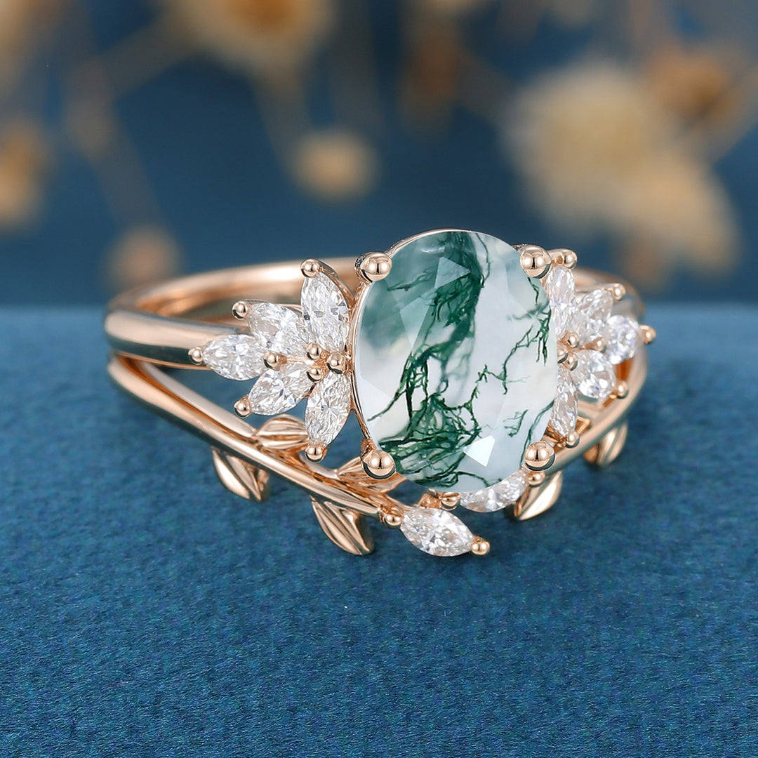 Natural Green Moss Agate 2PCS Oval Cluster Engagement Ring Bridal Sets ...