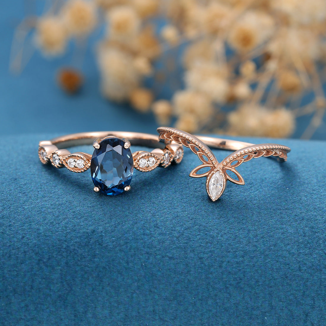 2PCS Oval cut London Blue Topaz Engagement ring Bridal Set 
