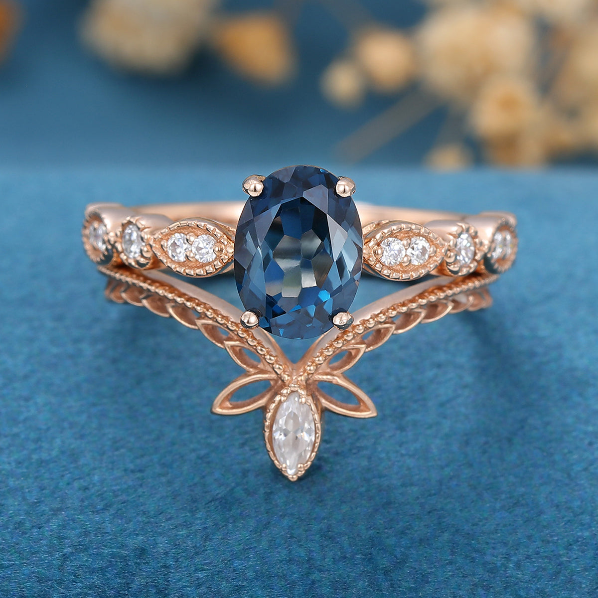 2PCS Oval cut London Blue Topaz Engagement ring Bridal Set 