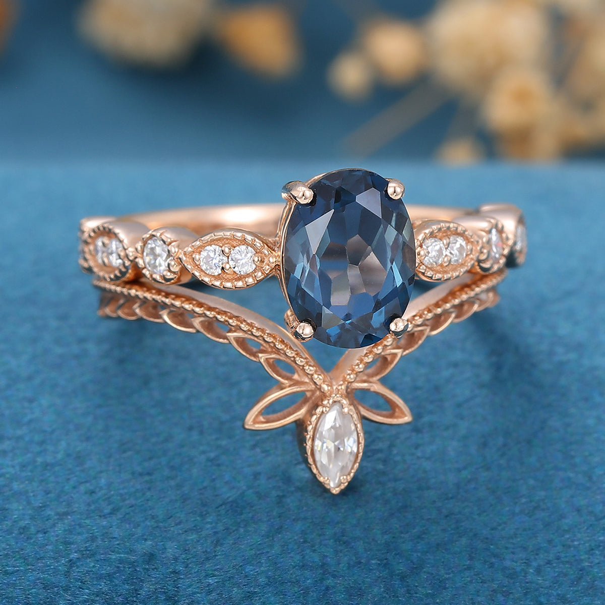 2PCS Oval cut London Blue Topaz Engagement ring Bridal Set 