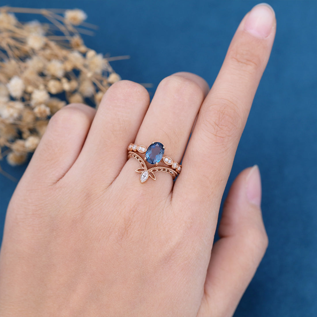2PCS Oval cut London Blue Topaz Engagement ring Bridal Set 