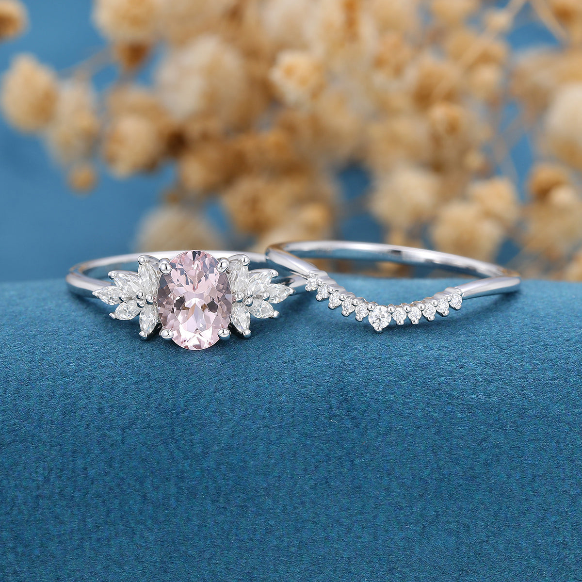 Oval Cut Morganite Cluster Engagement ring Bridal Set 