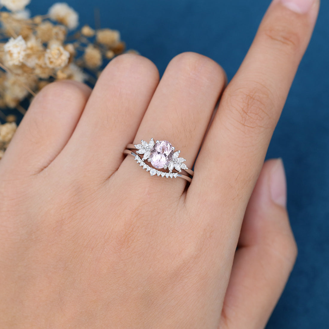 Oval Cut Morganite Cluster Engagement ring Bridal Set
