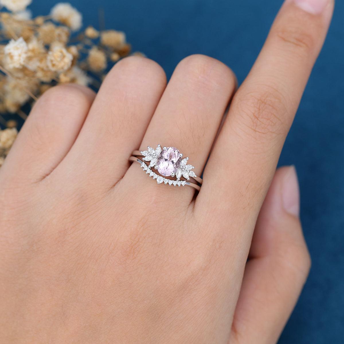 Oval Cut Morganite Cluster Engagement ring Bridal Set 