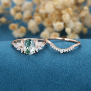 Moss Agate Natural Green 2PCS Oval Cluster Engagement ring Bridal Sets 