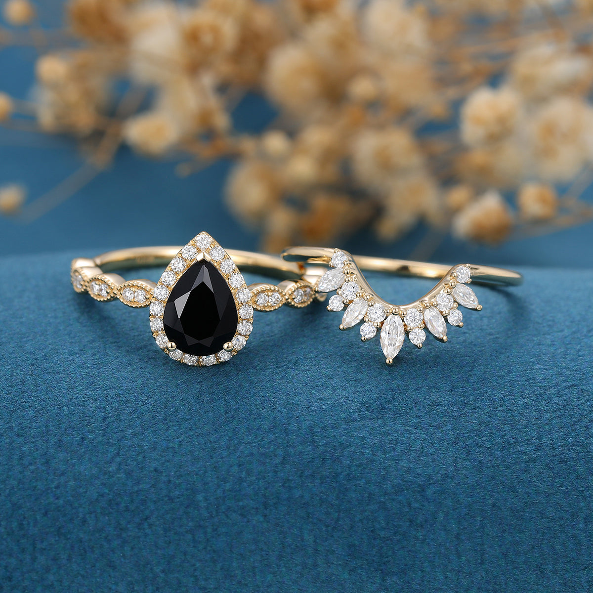 Pear Black Onyx Halo Diamond Half Eternity Engagement ring 