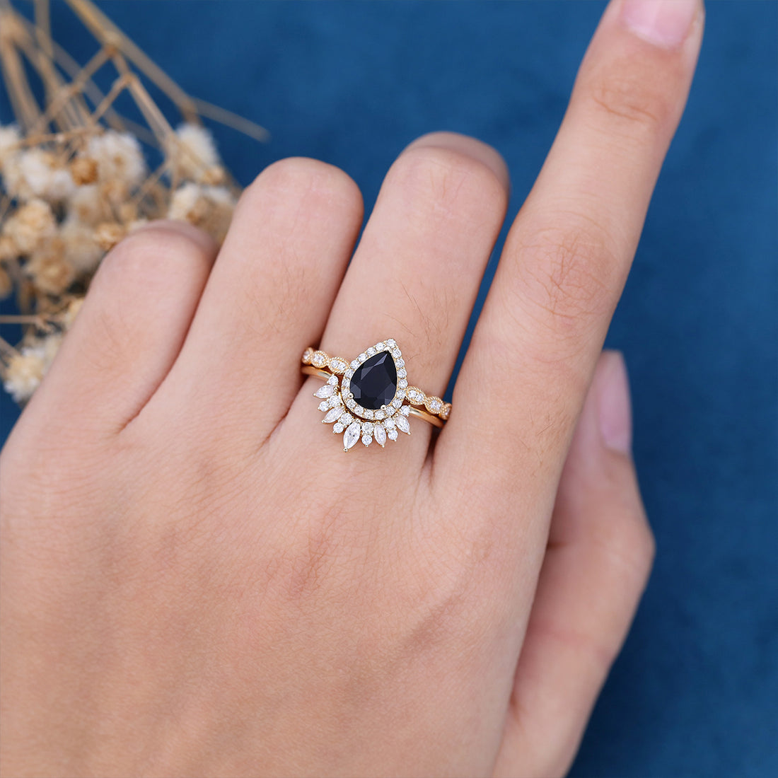 Pear Black Onyx Halo Diamond Half Eternity Engagement ring