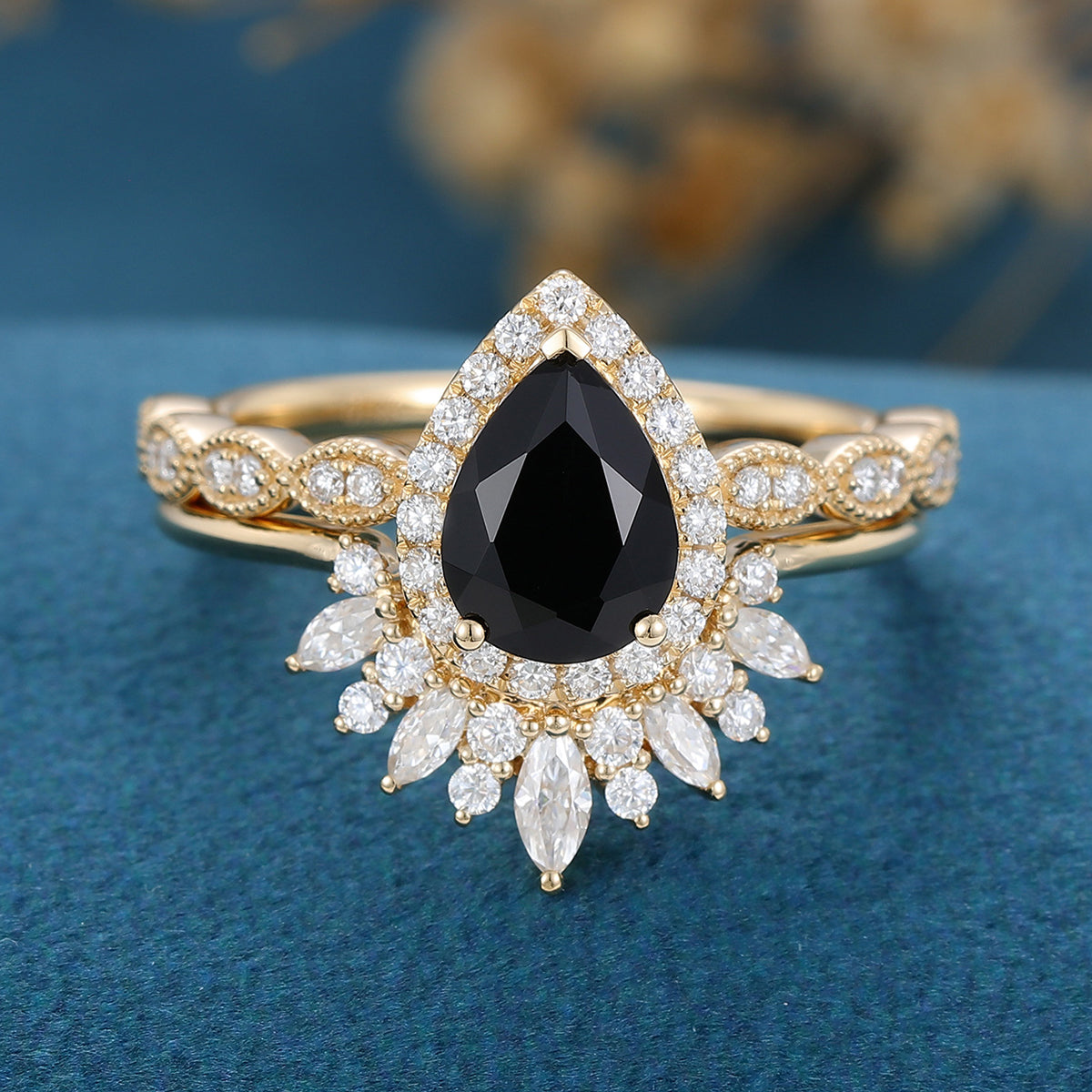 Pear Black Onyx Halo Diamond Half Eternity Engagement ring 