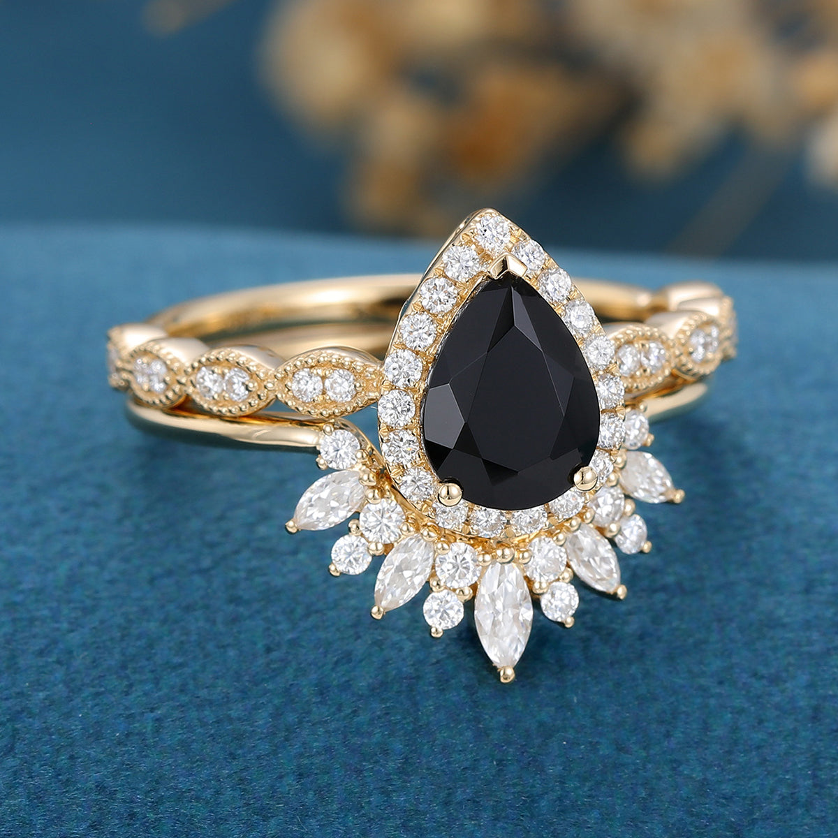 Pear Black Onyx Halo Diamond Half Eternity Engagement ring 