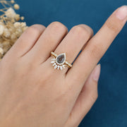 2PCS Pear cut Black Rutilated Quartz Engagement ring Bridal Set 
