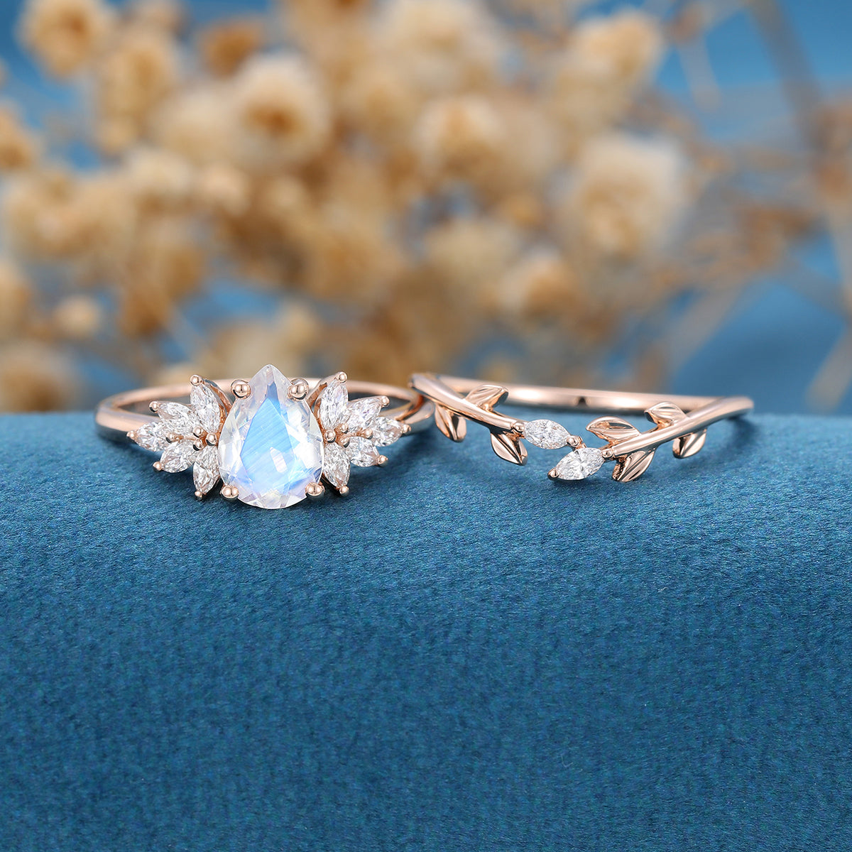2PCS Pear Moonstone Engagement Ring Bridal Set 