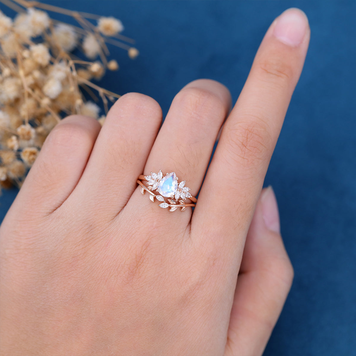 2PCS Pear Moonstone Engagement Ring Bridal Set 