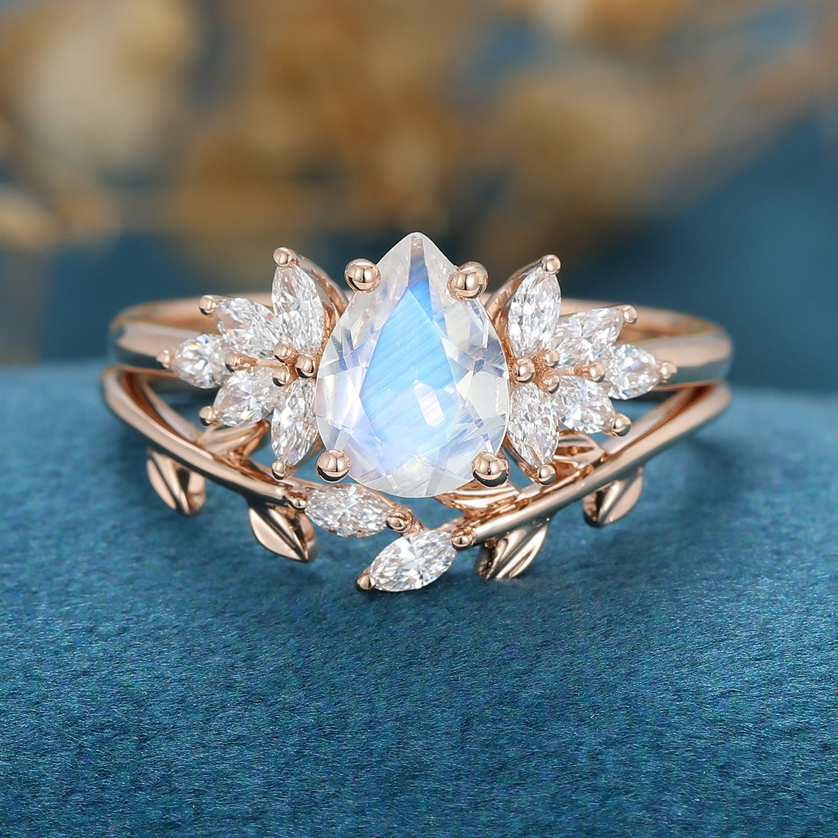 2PCS Pear Moonstone Engagement Ring Bridal Set 