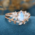 2PCS Pear Moonstone Engagement Ring Bridal Set 