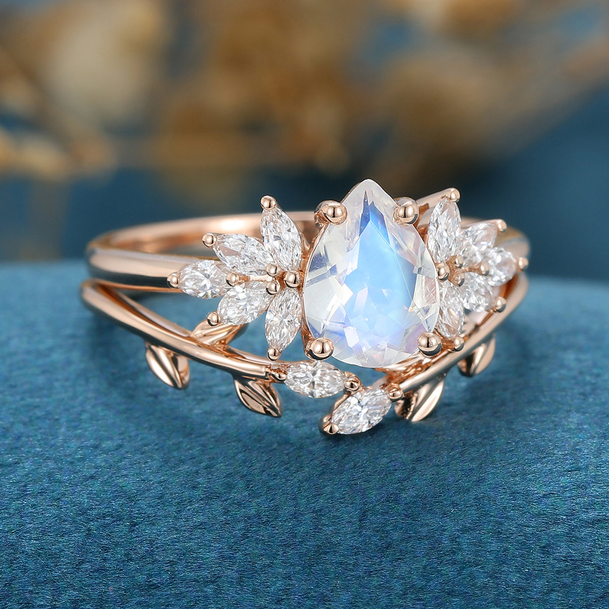2PCS Pear Moonstone Engagement Ring Bridal Set 