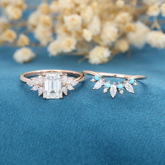 2PCS Emerald Cut Moissanite Cluster Engagement ring Bridal Set 