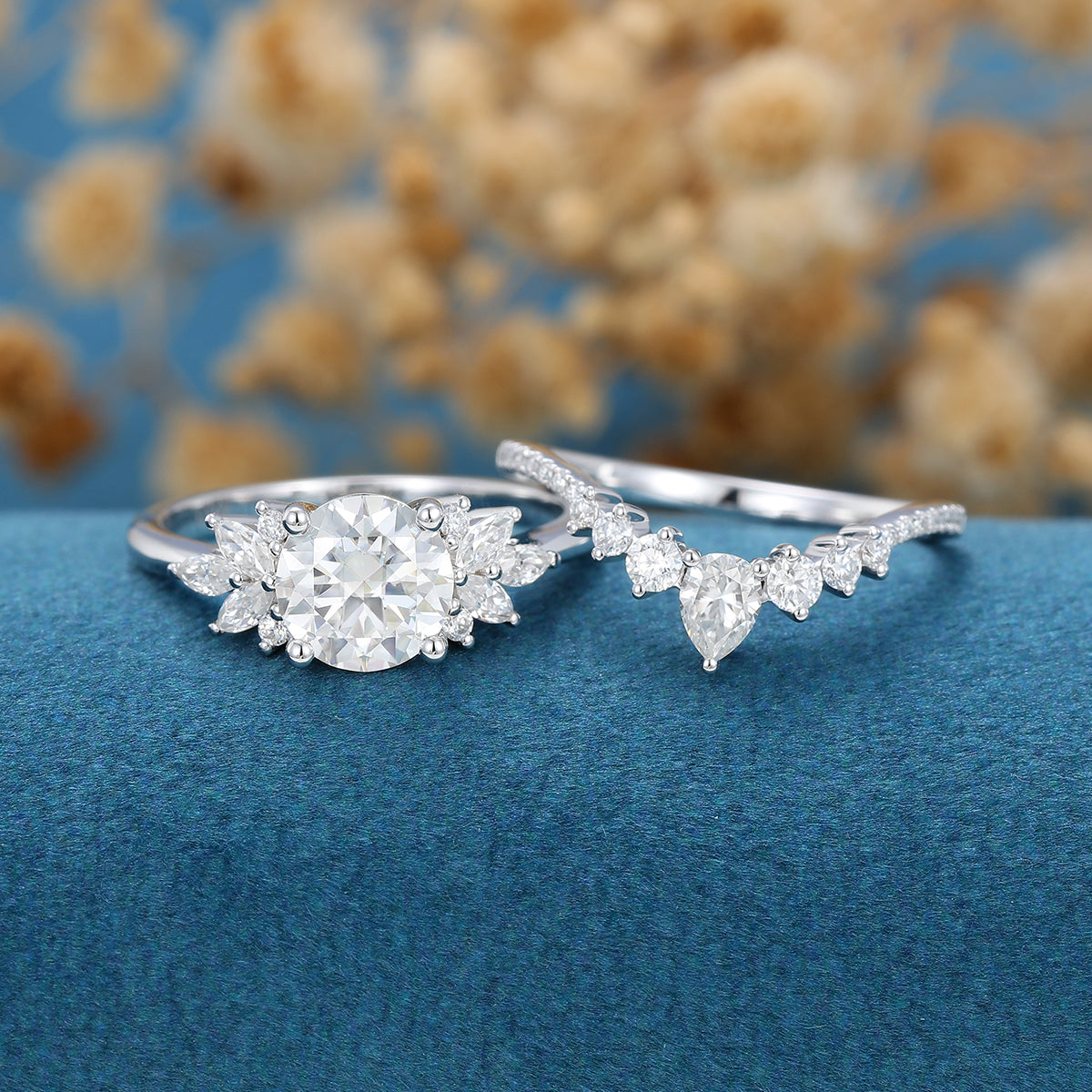 2PCS Round Moissanite Cluster Engagement Bridal Set 