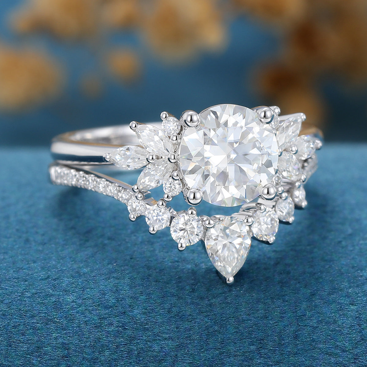 2PCS Round Moissanite Cluster Engagement Bridal Set 
