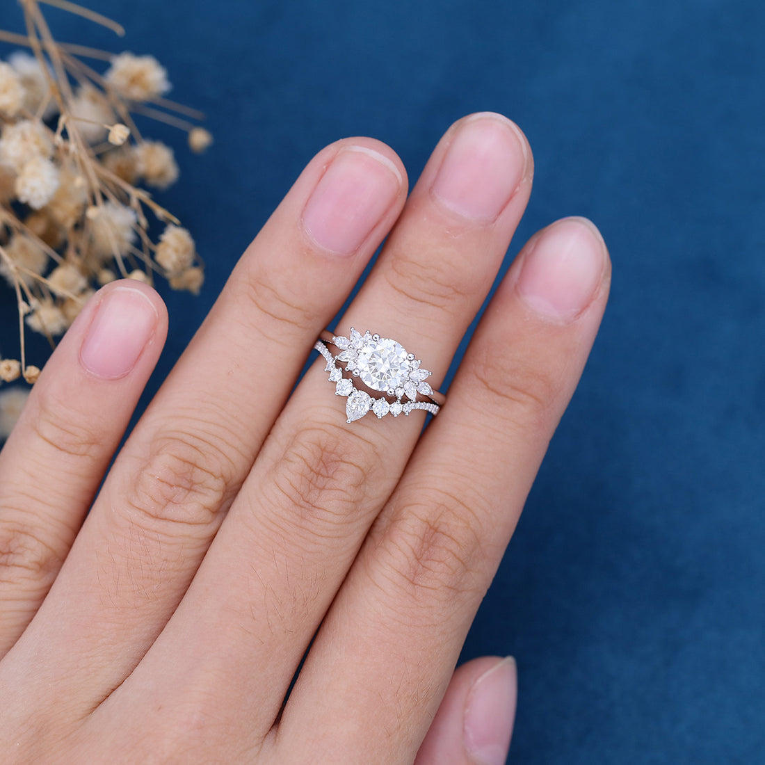 2PCS Round Moissanite Cluster Engagement Bridal Set