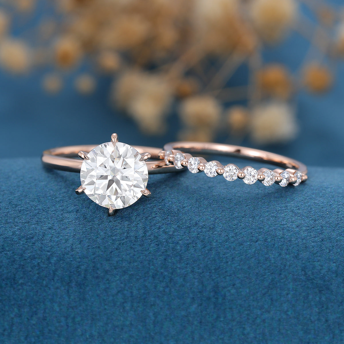 8.5mm Round cut Solitaire Engagement Ring Bridal Set 
