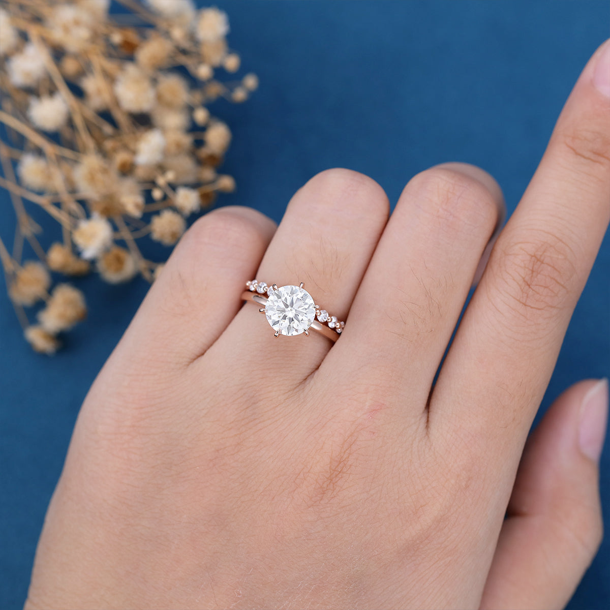 8.5mm Round cut Solitaire Engagement Ring Bridal Set 