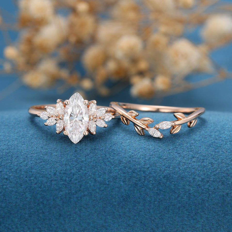 2PCS Marquise Moissanite Cluster Engagement ring Bridal Set 