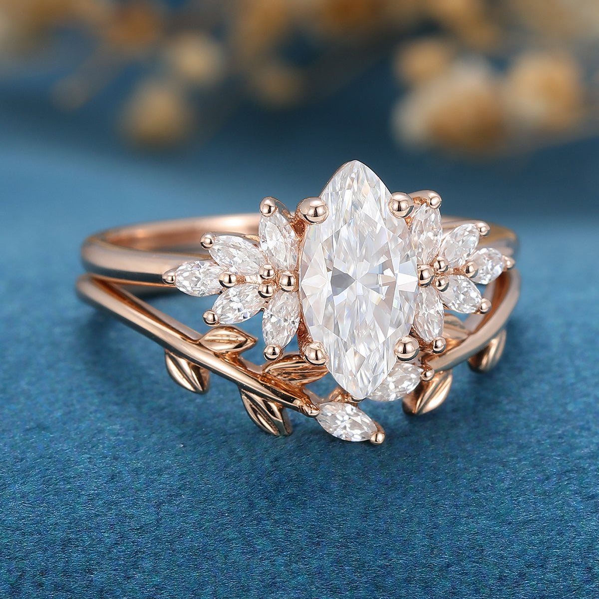 2PCS Marquise Moissanite Cluster Engagement ring Bridal Set 