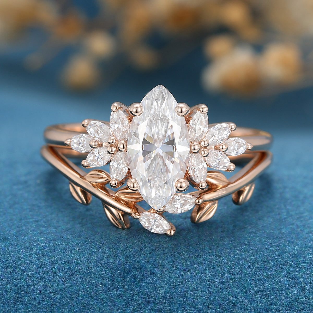 2PCS Marquise Moissanite Cluster Engagement ring Bridal Set 