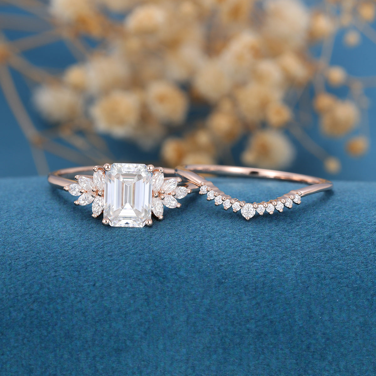 2PCS Emerald cut Moissanite Cluster Engagement ring Bridal Set 
