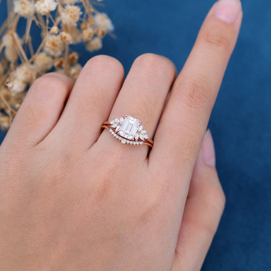 2PCS Emerald cut Moissanite Cluster Engagement ring Bridal Set 