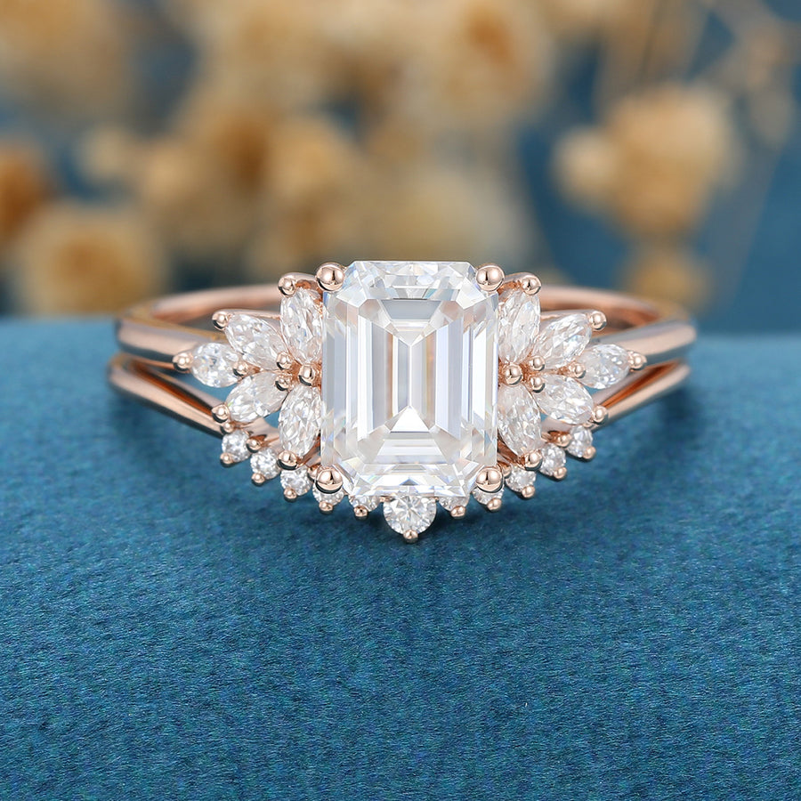 2PCS Emerald cut Moissanite Cluster Engagement ring Bridal Set 