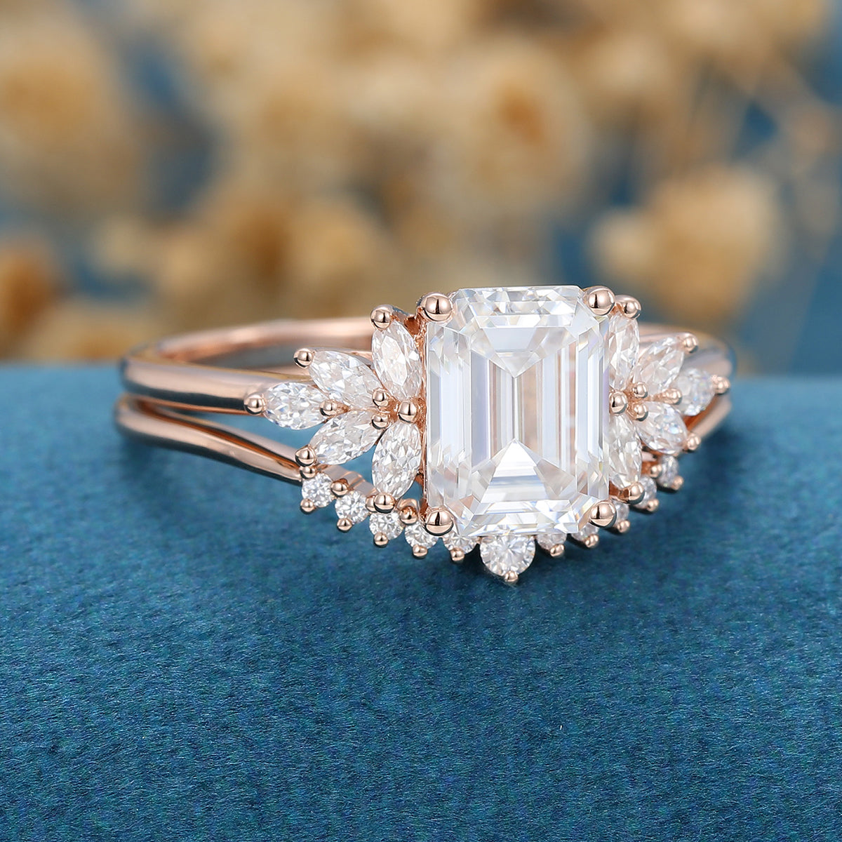 2PCS Emerald cut Moissanite Cluster Engagement ring Bridal Set 
