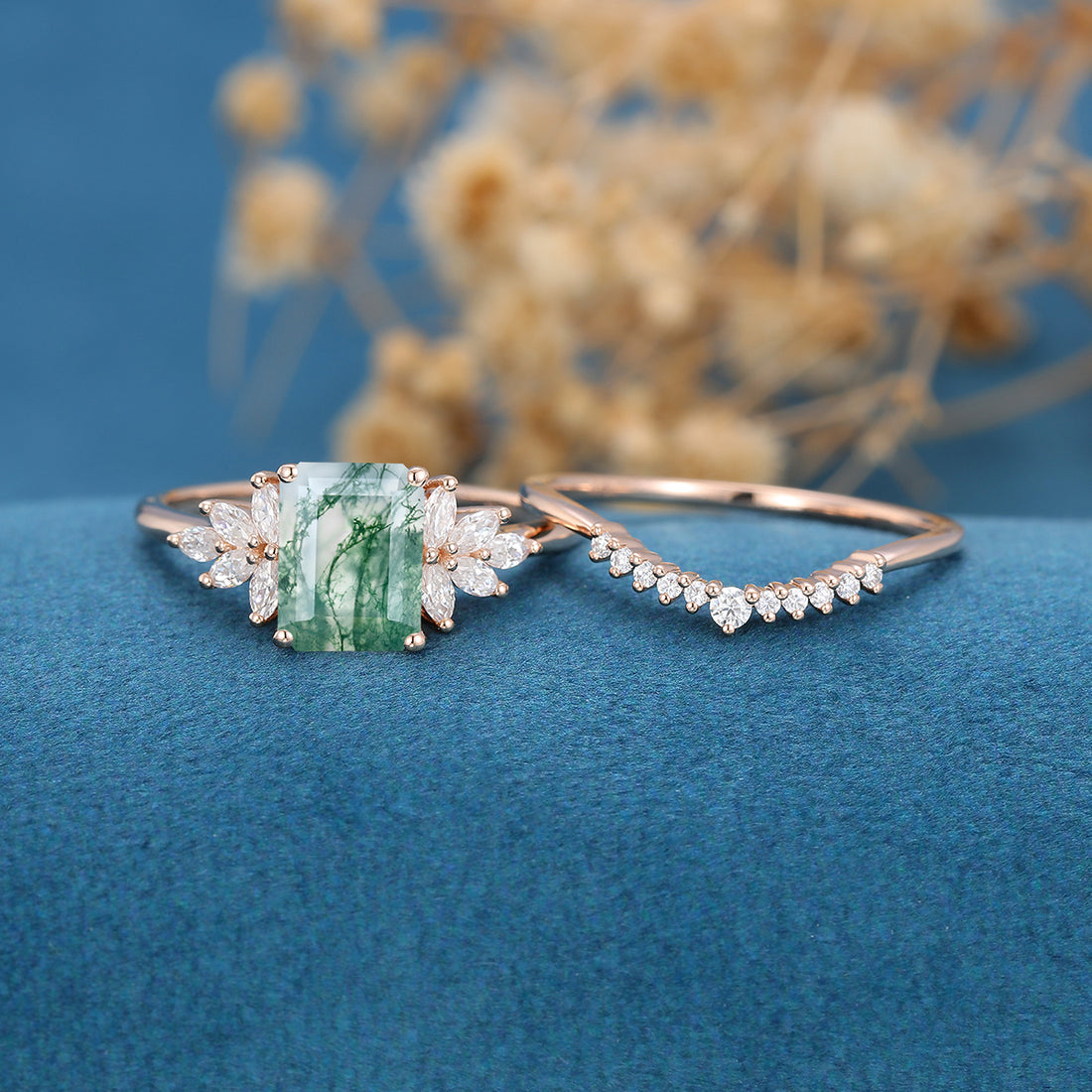 Natural Green Moss Agate 2PCS Emerald cut Cluster Engagement ring Bridal Sets
