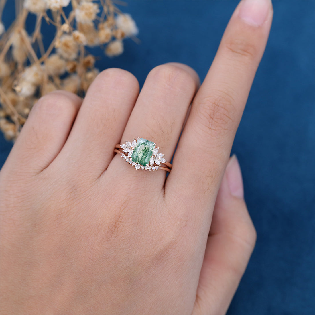 Natural Green Moss Agate 2PCS Emerald cut Cluster Engagement ring Bridal Sets